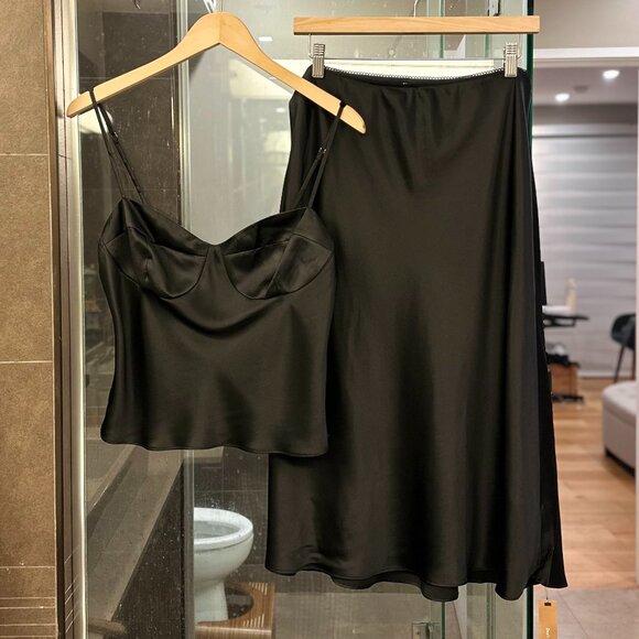 REFORMATION Sia Silk Two-Piece Sleeveless Top and Midi Skirt Set (Black) - Picture 10 of 16